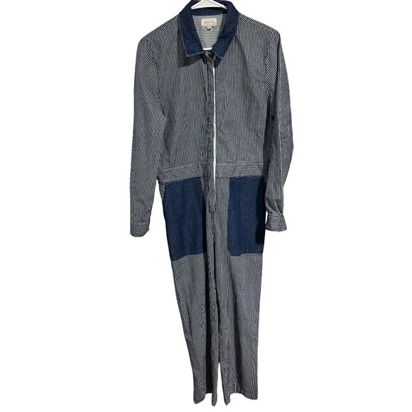 Brixton M Navy & White Striped Denim Long Sleeve Jumpsuit With Zip Closure & Poc - Picture 1 of 10